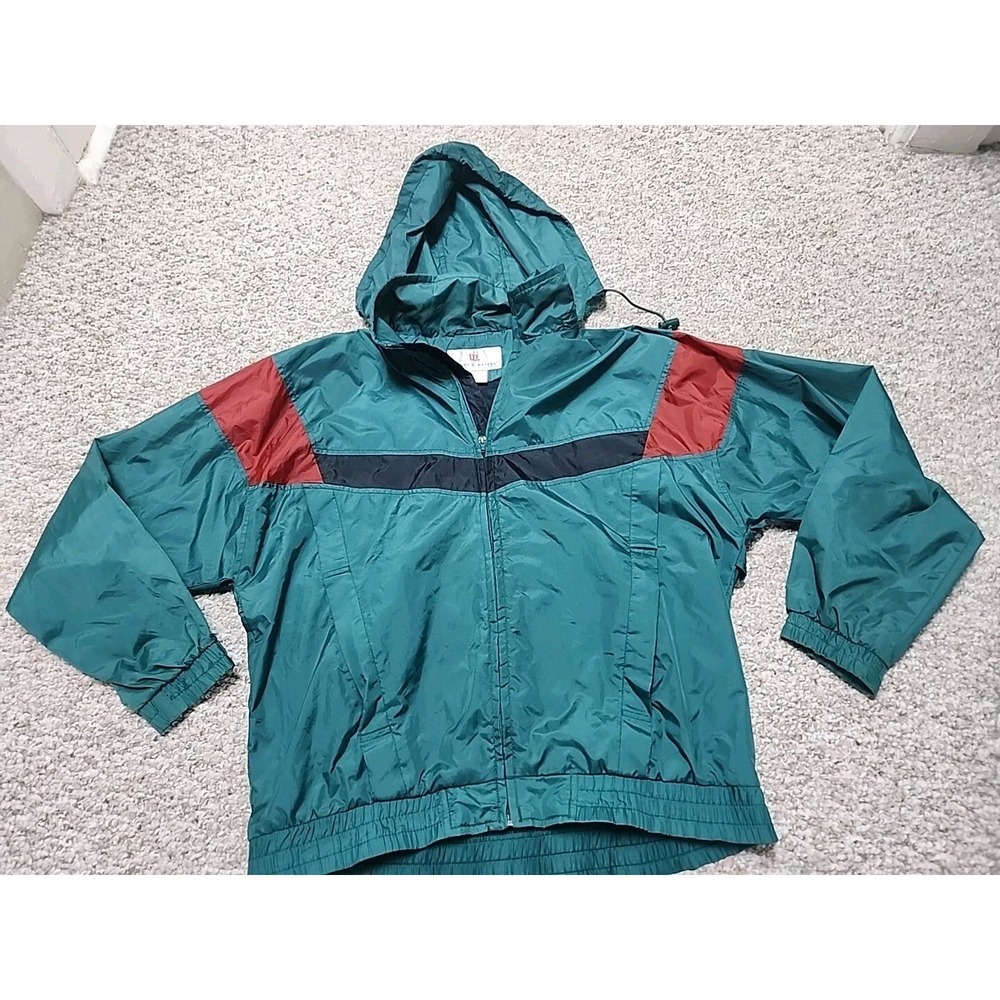 Thomas‎ E Wilson Vintage Windbreaker Jacket Teal Green Colorblock Hooded Mens L